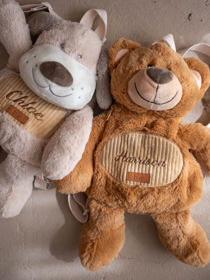 Beau the Bear personalised Little BFF Sidekick Backpack, close up alongside the other Little BFF sidekick backpack
