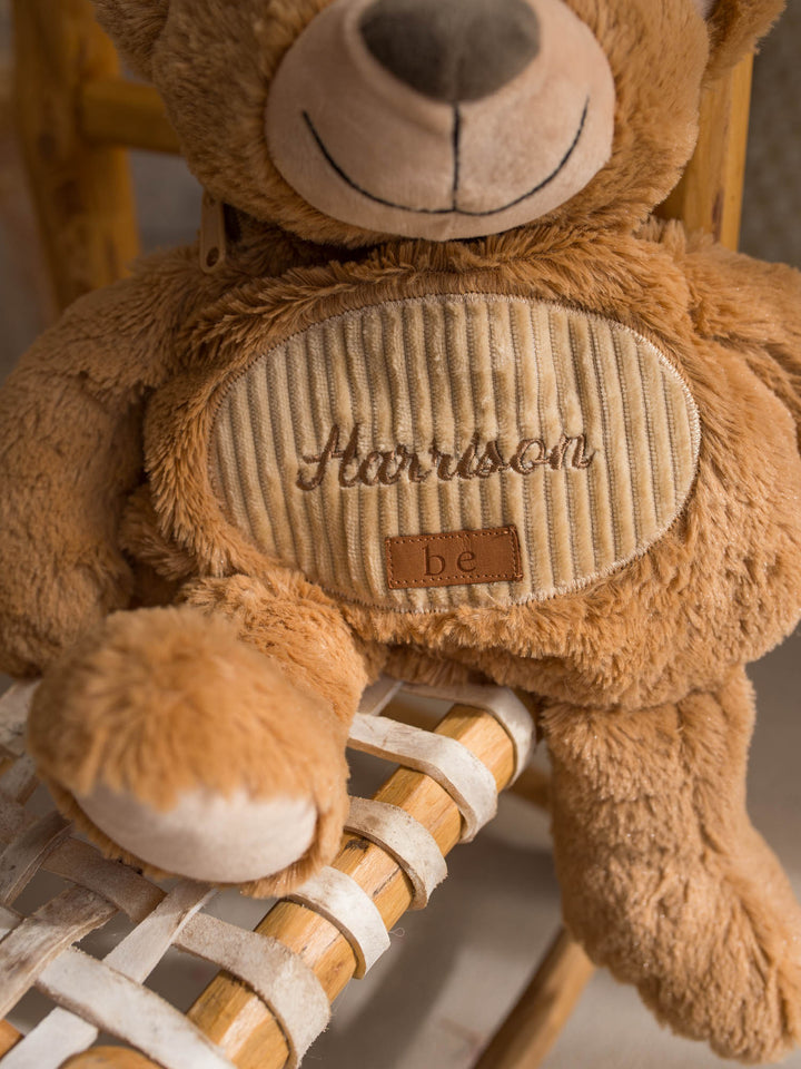 Beau the Bear personalised plush backpack for kids, close up of the bear face and corduroy front - Before & Ever Kids