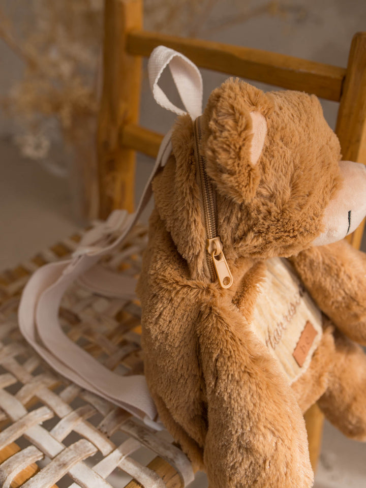 Beau the Bear personalised plush backpack for kids, zip along the back opening into the lined compartment - Before & Ever Kids
