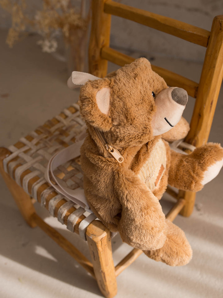 Beau the Bear personalised plush backpack for kids, side view showing the zip opening - Before & Ever Kids