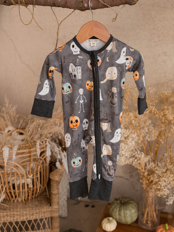Boo Crew charcoal Halloween zip onesie for baby boy with ghosts, skeletons and jack-o-lanterns, front view - Before & Ever Kids