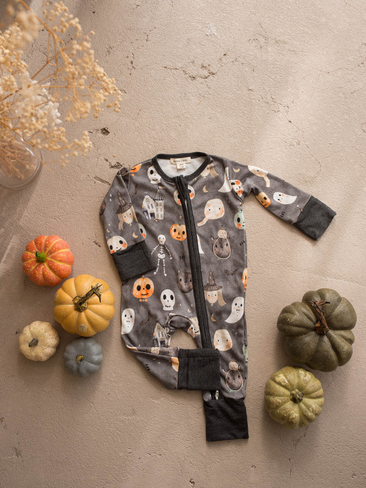 Boo Crew Halloween baby boy bamboo onesie flat lay with green pumpkins - Before & Ever Kids