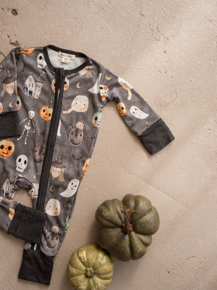 Boo Crew Halloween bamboo baby boy onesie flat lay showing full length and cuffed sleeves - Before & Ever Kids