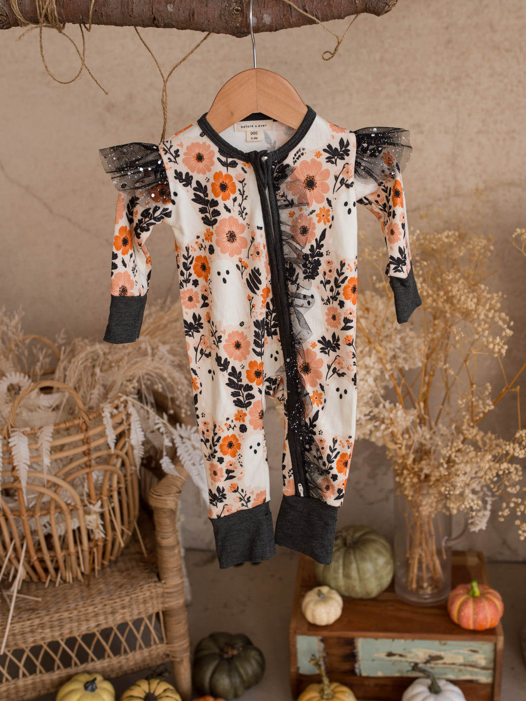 Boo-quet ivory floral Halloween zip onesie for baby girl with black glitter tulle shoulders, front view - Before & Ever Kids