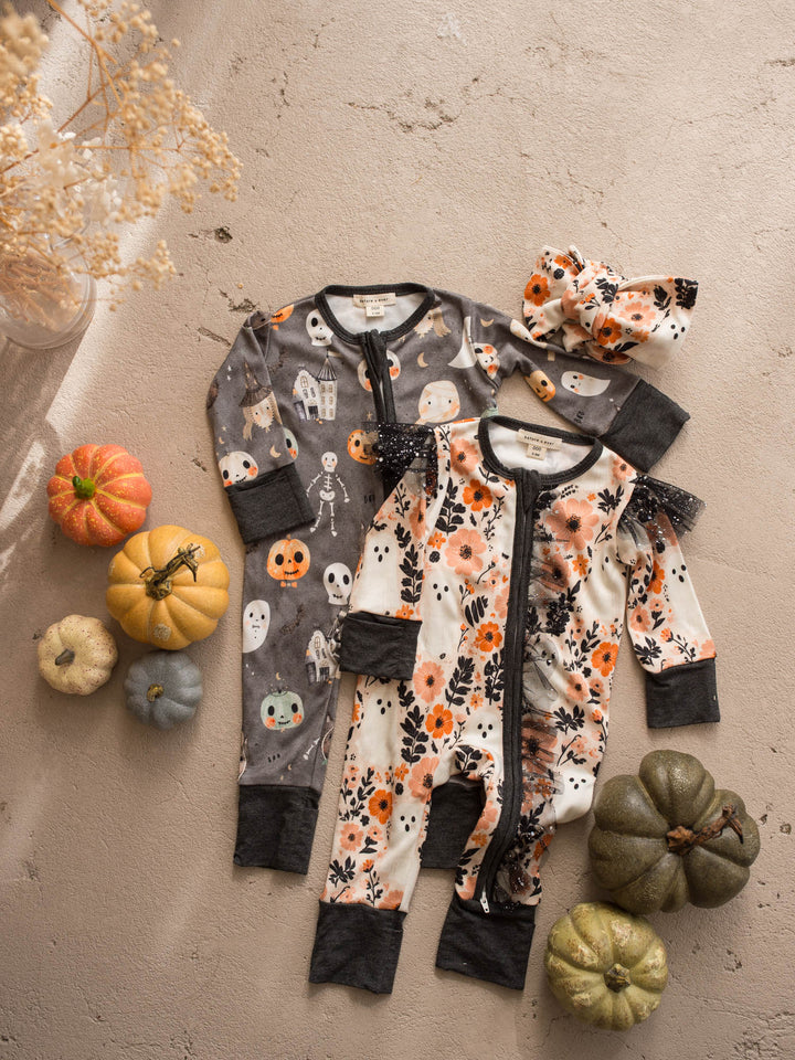 Boo-quet and Boo Crew Halloween baby onesies flat lay with matching floral topknot - Before & Ever Kids