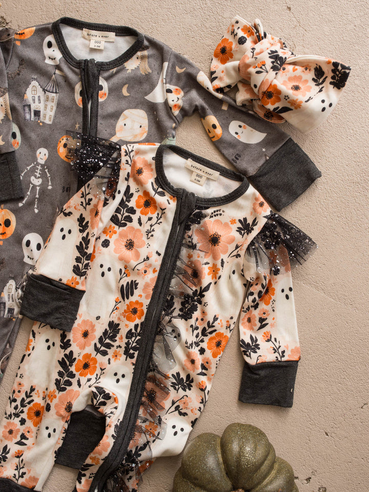 Boo-quet Halloween onesie with matching topknot headwrap and Boo Crew onesie - Before & Ever Kids