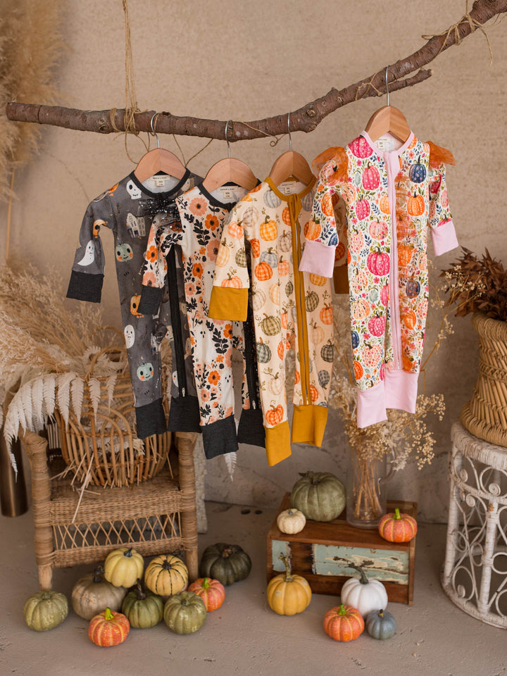 Halloween baby onesie collection, Boo-quet, Boo Crew, Patch Ready and Patch Perfect hanging together - Before & Ever Kids