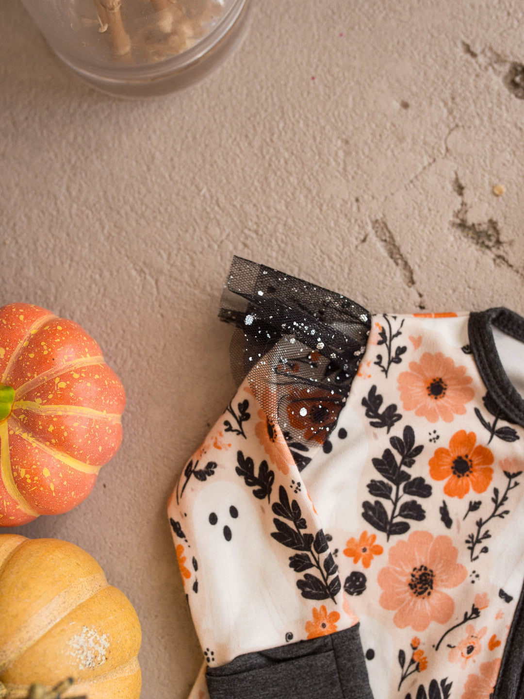Boo-quet baby girl onesie detail with charcoal cuffs and black glitter tulle - Before & Ever Kids