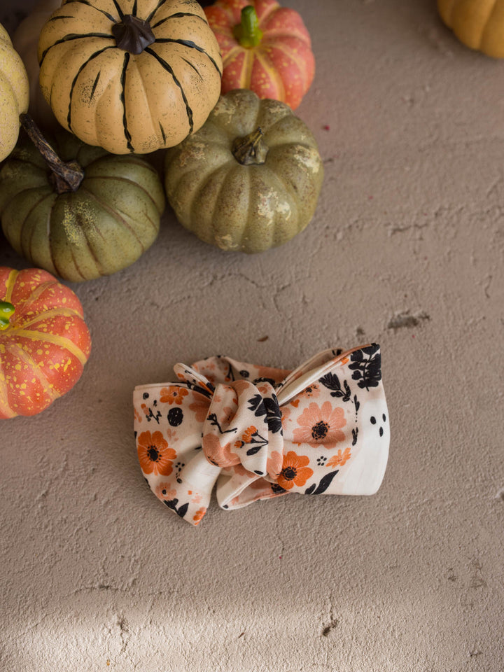 Boo-quet floral baby topknot headwrap with hidden ghost print, side view - Before & Ever Kids