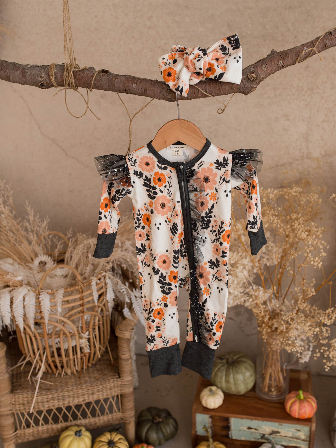 Boo-quet topknot headwrap styled with the matching Boo-quet Halloween onesie - Before & Ever Kids