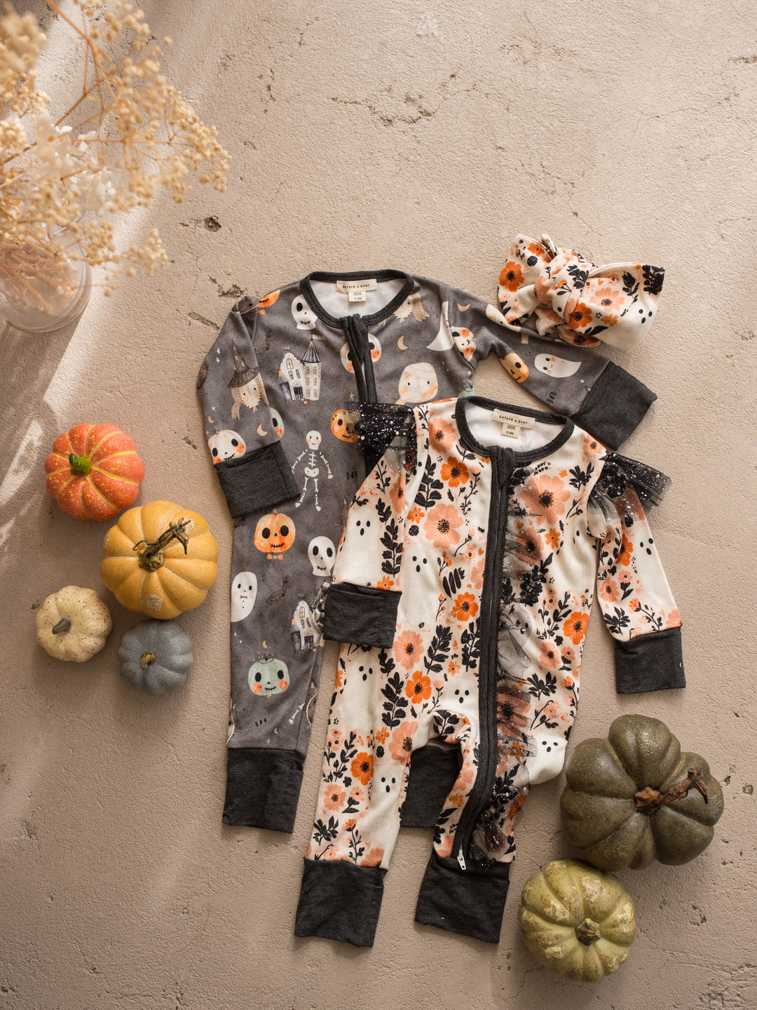Boo-quet floral topknot headwrap with Boo-quet and Boo Crew Halloween onesies - Before & Ever Kids