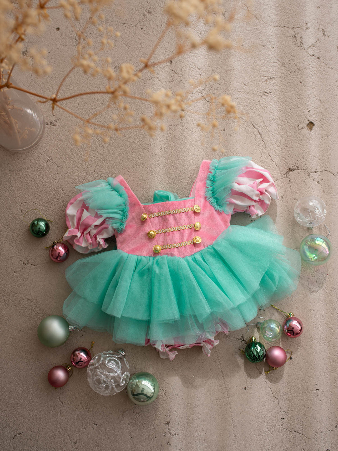 Candy Lane pink and mint front view, pink velvet bodice with gold soldier buttons, candy stripe puff sleeves and a mint tulle tutu skirt - Before & Ever Kids