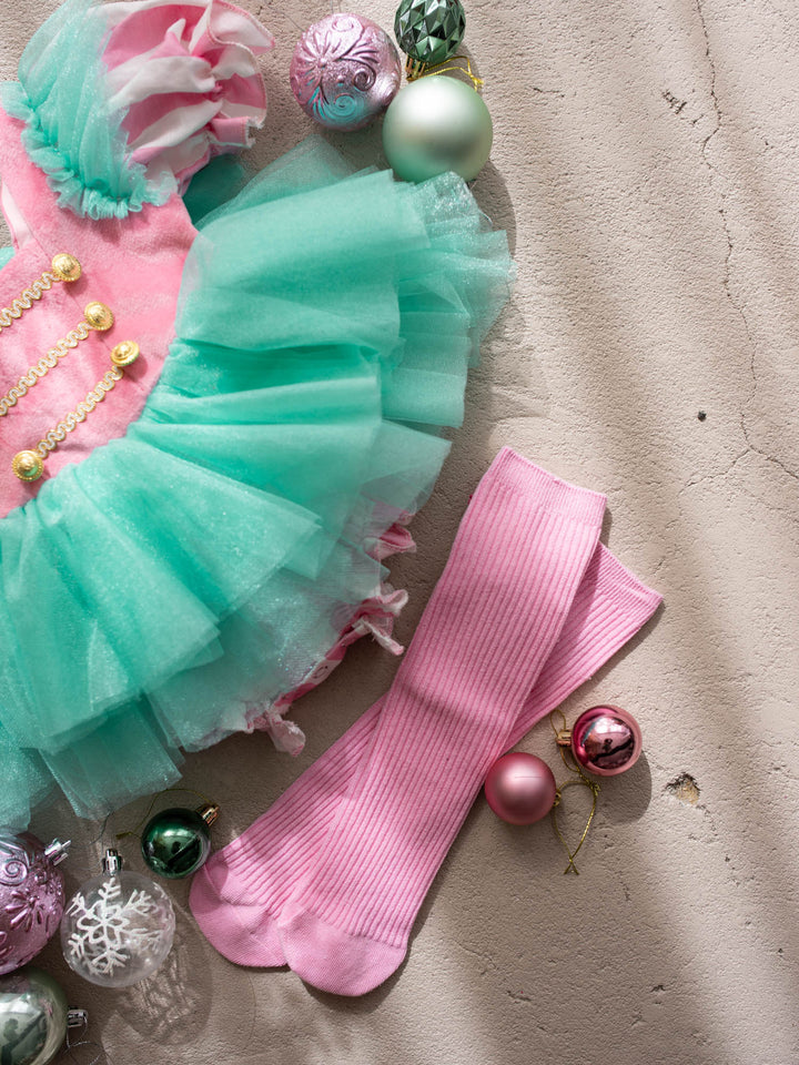 Candy Lane pink and mint pink velvet bodice with gold soldier buttons, candy stripe puff sleeves and a mint tulle tutu skirt - Before & Ever Kids