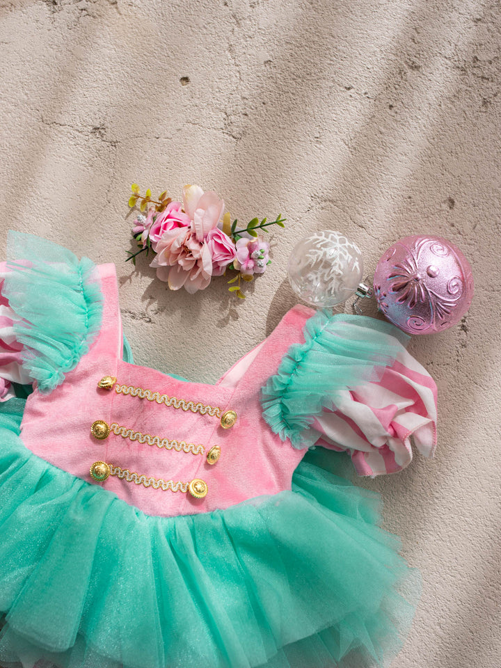 Candy Lane pink and mint pink velvet bodice with gold soldier buttons, candy stripe puff sleeves and a mint tulle tutu skirt - Before & Ever Kids