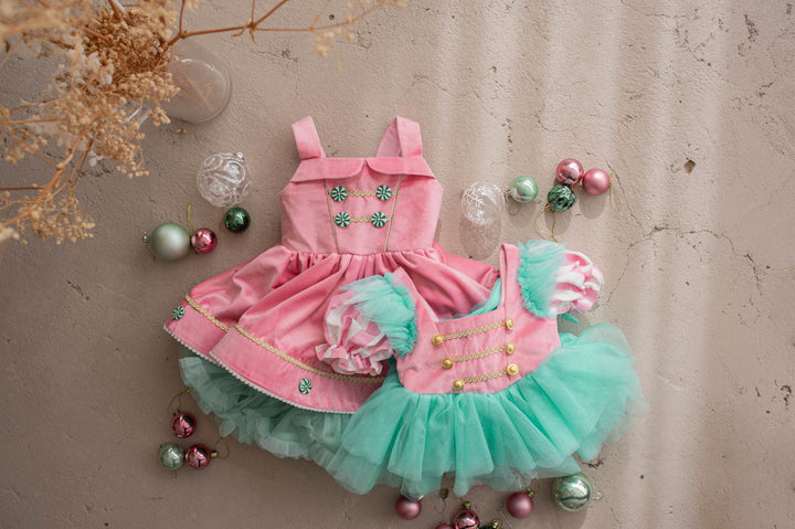 Candy Lane pink and mint pink velvet bodice with gold soldier buttons, candy stripe puff sleeves and a mint tulle tutu skirt - Before & Ever Kids