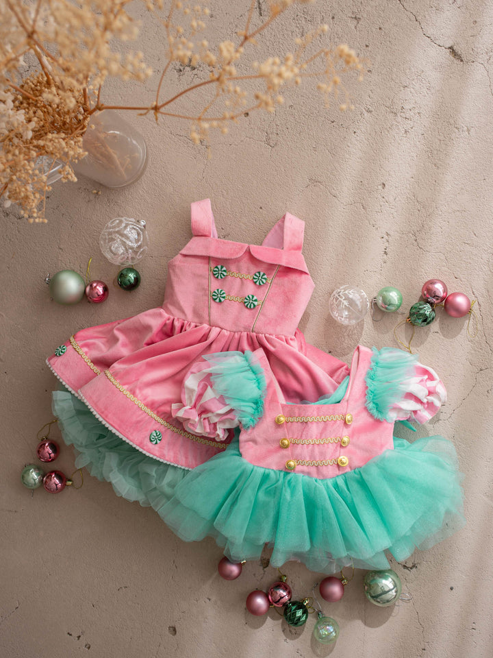 Candy Lane pink and mint pink velvet bodice with gold soldier buttons, candy stripe puff sleeves and a mint tulle tutu skirt - Before & Ever Kids