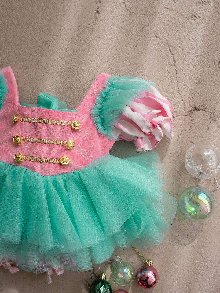Candy Lane pink and mint pink velvet bodice with gold soldier buttons, candy stripe puff sleeves and a mint tulle tutu skirt - Before & Ever Kids