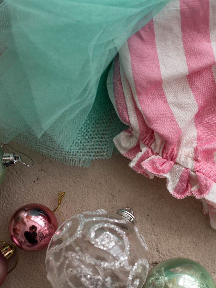 Candy Lane pink and mint pink velvet bodice with gold soldier buttons, candy stripe puff sleeves and a mint tulle tutu skirt - Before & Ever Kids
