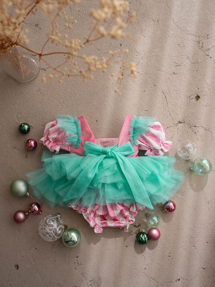 Candy Lane pink and mint pink velvet bodice with gold soldier buttons, candy stripe puff sleeves and a mint tulle tutu skirt - Before & Ever Kids