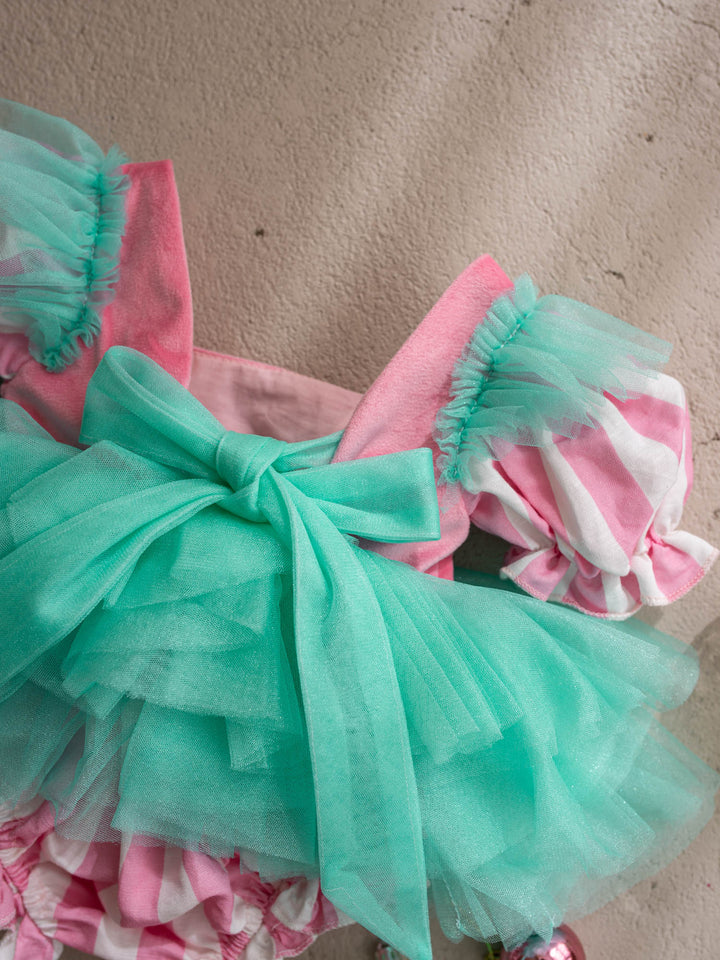 Candy Lane pink and mint pink velvet bodice with gold soldier buttons, candy stripe puff sleeves and a mint tulle tutu skirt - Before & Ever Kids