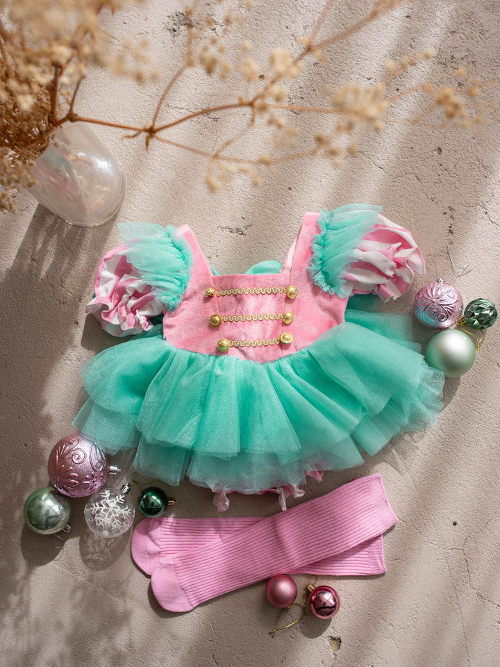 Candy Lane pink and mint pink velvet bodice with gold soldier buttons, candy stripe puff sleeves and a mint tulle tutu skirt - Before & Ever Kids