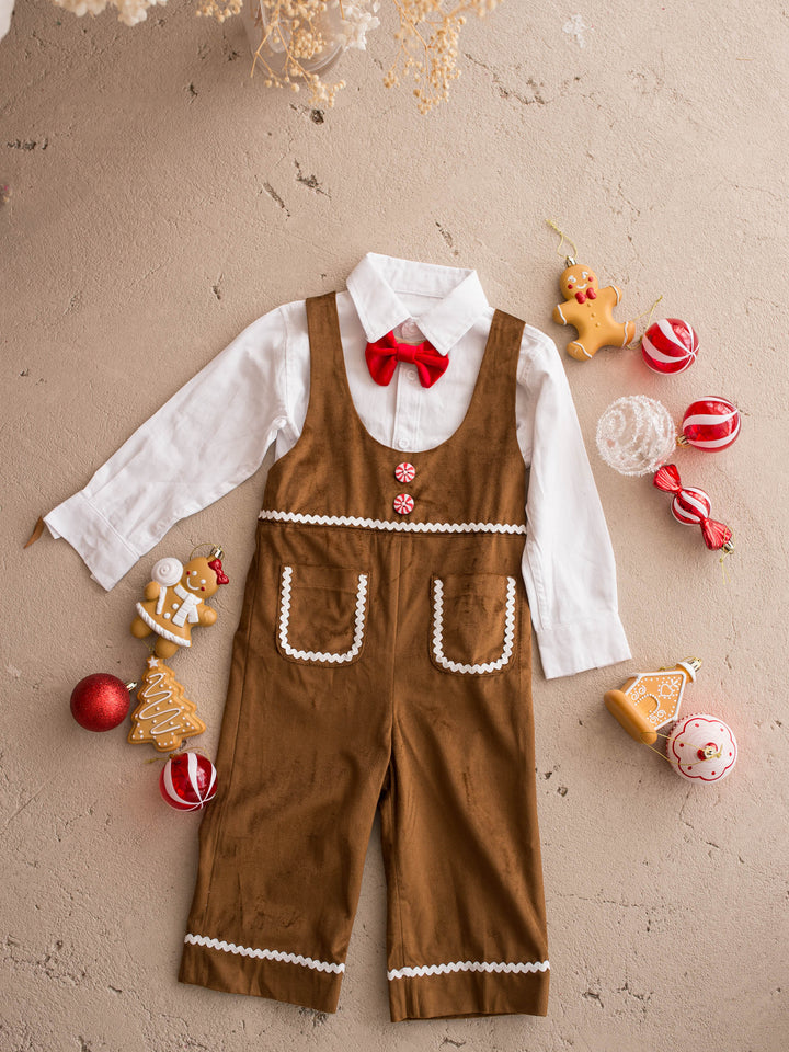 Catch Me If You Can caramel velvet boy overall, flat with the shirt and Christmas cookies - Before & Ever Kids