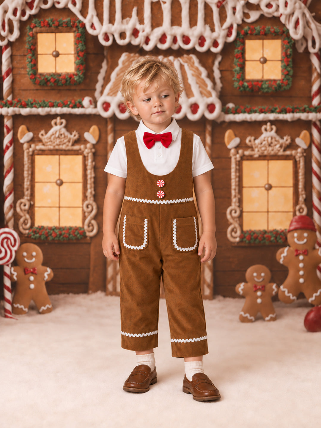 Catch Me If You Can caramel velvet boy overall worn by a toddler with a white shirt and red bow tie, full length in front of a gingerbread house - Before & Ever Kids