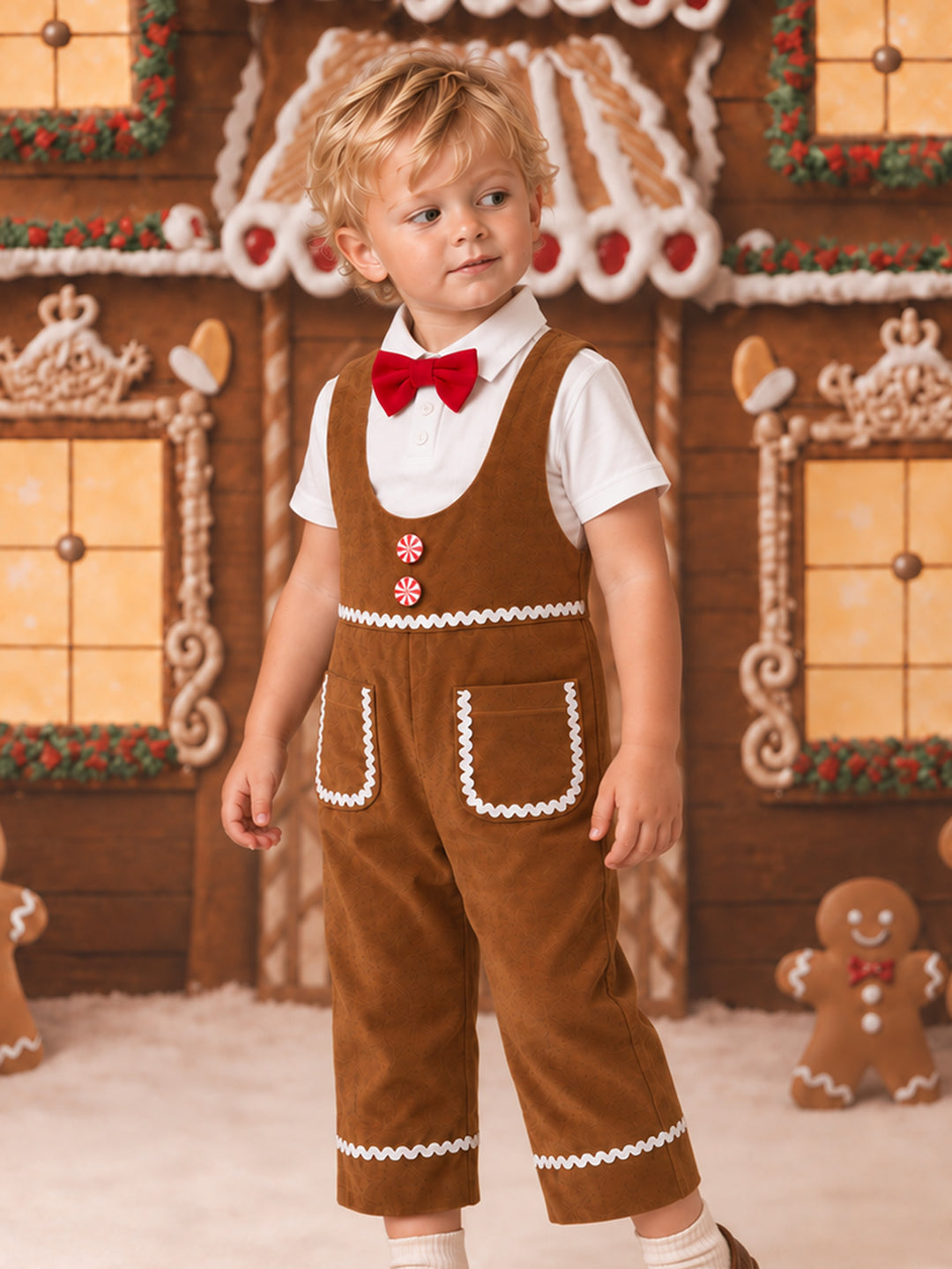 Catch Me If You Can caramel velvet boy overall worn by a toddler over a short sleeve white polo with a red velvet bow tie, showing the peppermint candy buttons and white ric rac trim - Before & Ever Kids