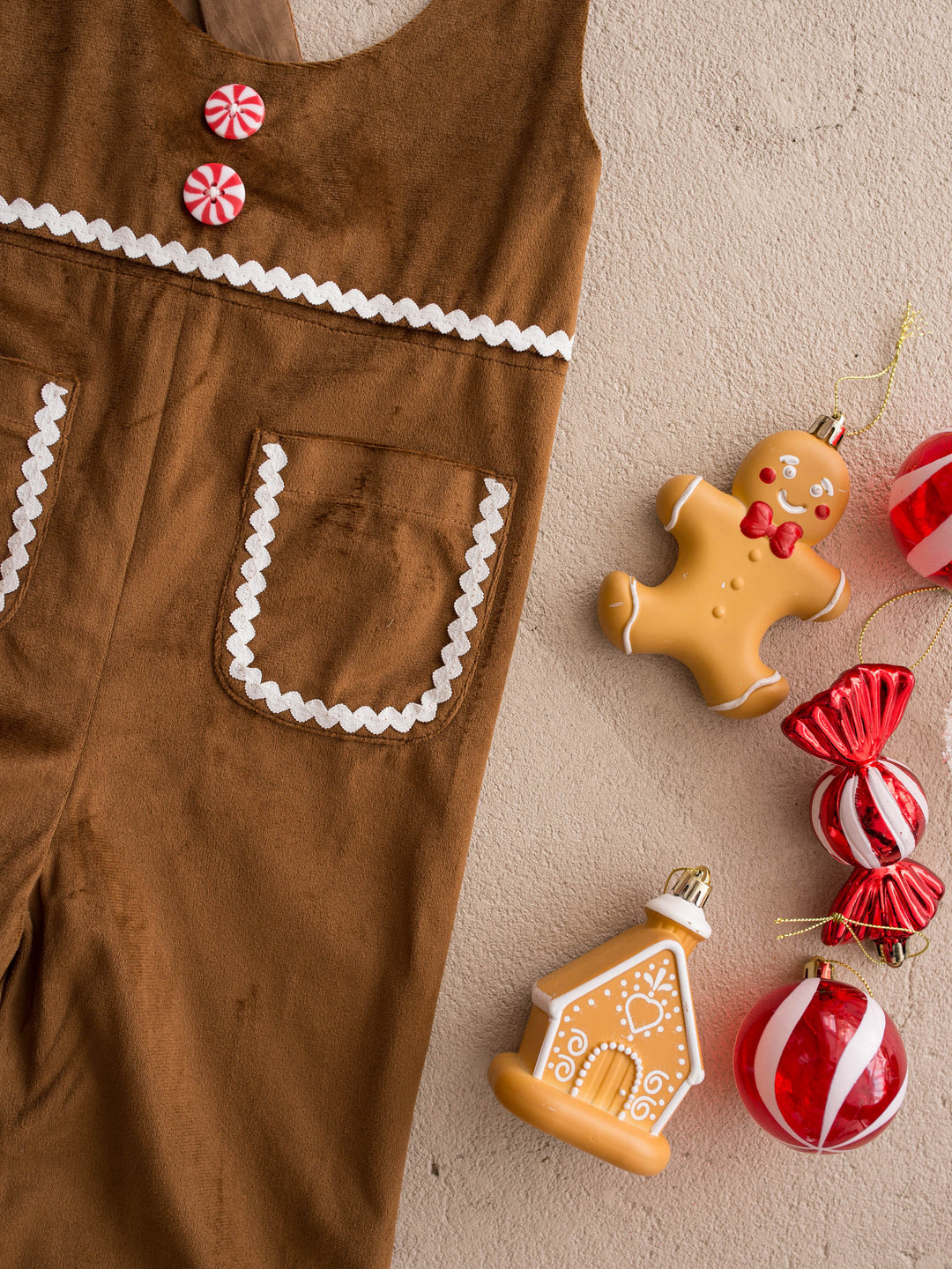 Catch Me If You Can caramel velvet boy overall, close on the bib pocket, white ric rac and a peppermint button - Before & Ever Kids