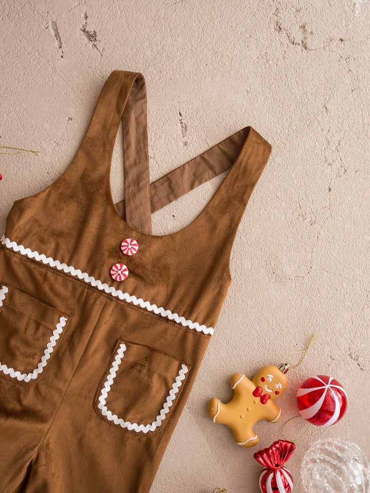 Catch Me If You Can caramel velvet boy overall, laid flat showing the crossover straps - Before & Ever Kids