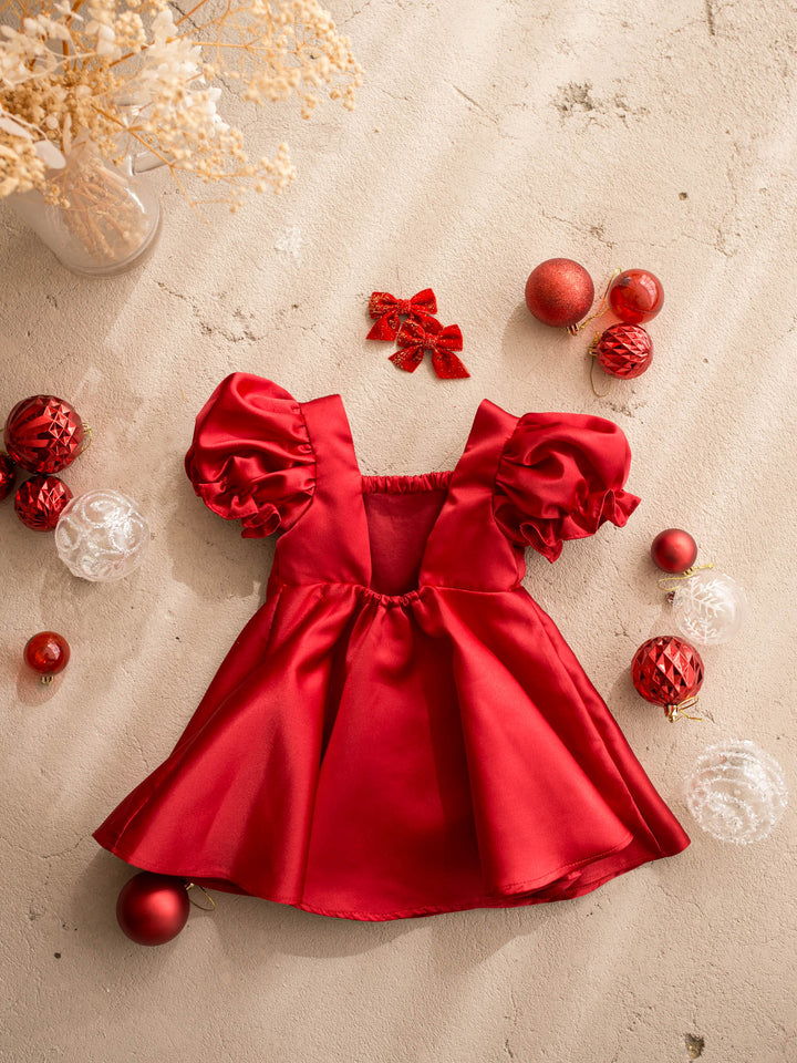 Cherry on Top red red satin dress with puff sleeves and a red gingham bow at the front - Before & Ever Kids