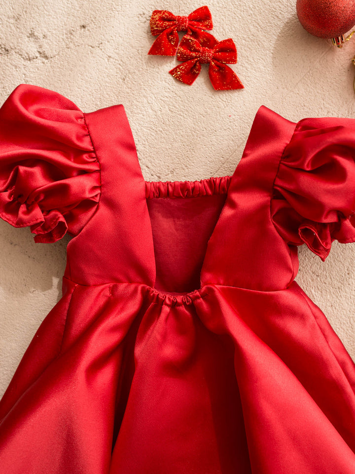 Cherry on Top red red satin dress with puff sleeves and a red gingham bow at the front - Before & Ever Kids