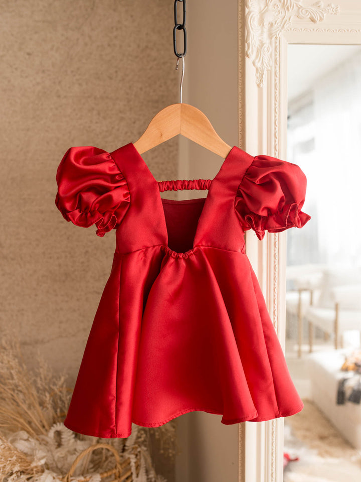Cherry on Top red red satin dress with puff sleeves and a red gingham bow at the front - Before & Ever Kids