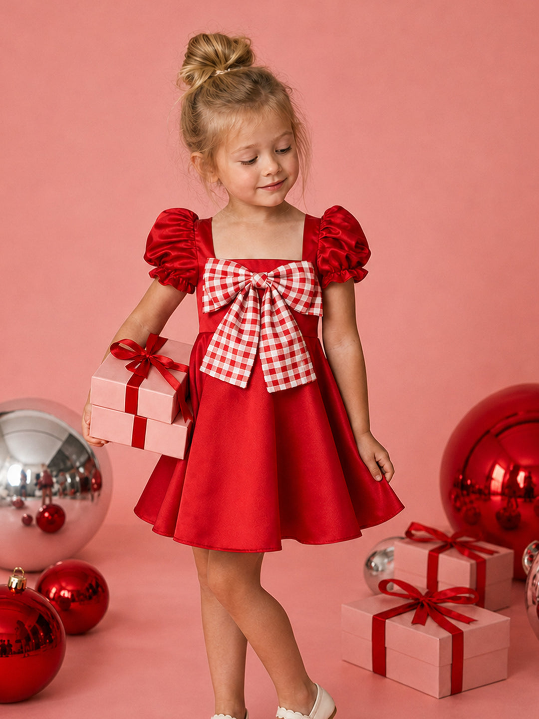 Cherry on Top red satin Christmas dress with puff sleeves and a red gingham bow, holding pink gift boxes