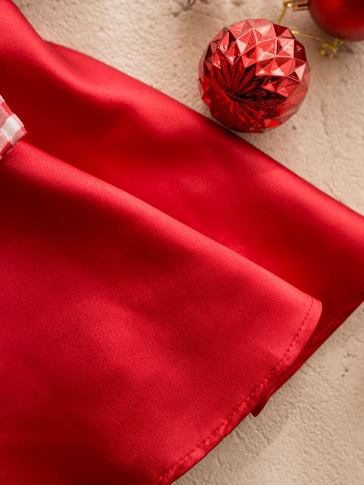 Cherry on Top red red satin dress with puff sleeves and a red gingham bow at the front - Before & Ever Kids