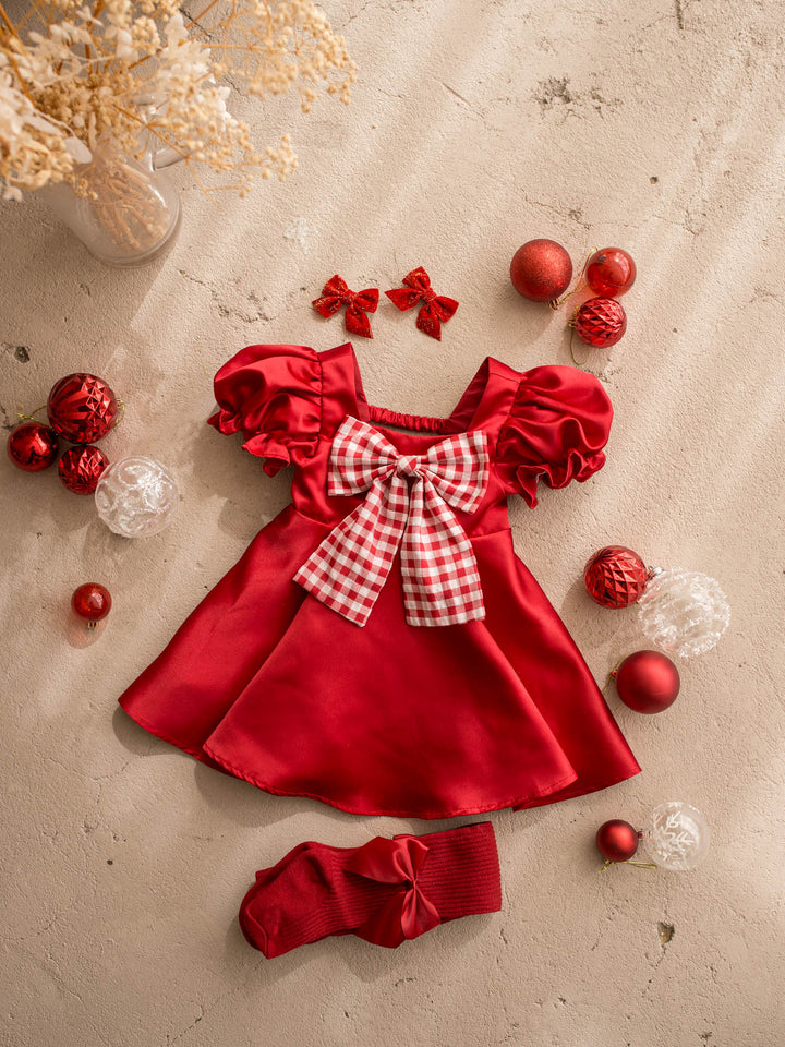 Cherry on Top red red satin dress with puff sleeves and a red gingham bow at the front - Before & Ever Kids