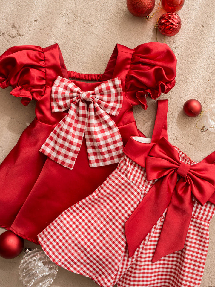 Cherry on Top red red satin dress with puff sleeves and a red gingham bow at the front - Before & Ever Kids