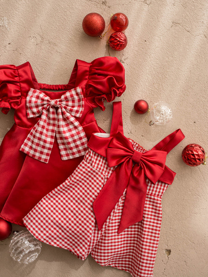 Cherry on Top red red satin dress with puff sleeves and a red gingham bow at the front - Before & Ever Kids