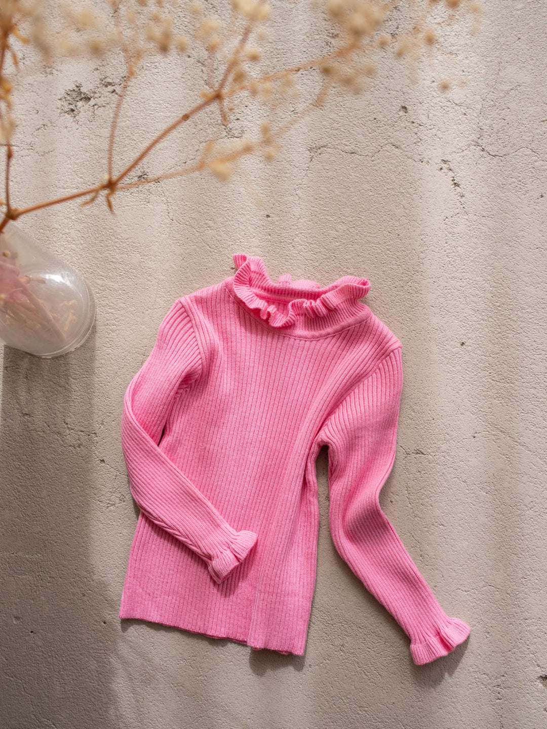 Claire Knitted Top bubblegum bubblegum pink ribbed knit layering top with a ruffled neckline and cuffs - Before & Ever Kids