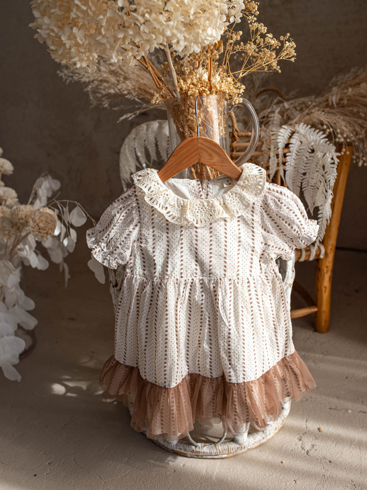 Dainty Miss Coco Belle baby girl ivory floral cotton dress with tulle-trimmed hem and eyelet lace collar - Before & Ever Kids