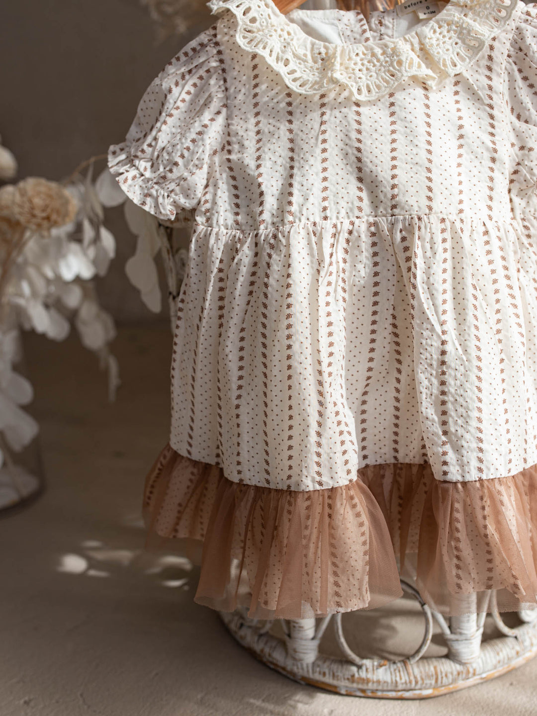 Dainty Miss Coco Belle baby girl ivory floral cotton dress with tulle-trimmed hem and eyelet lace collar - Before & Ever Kids