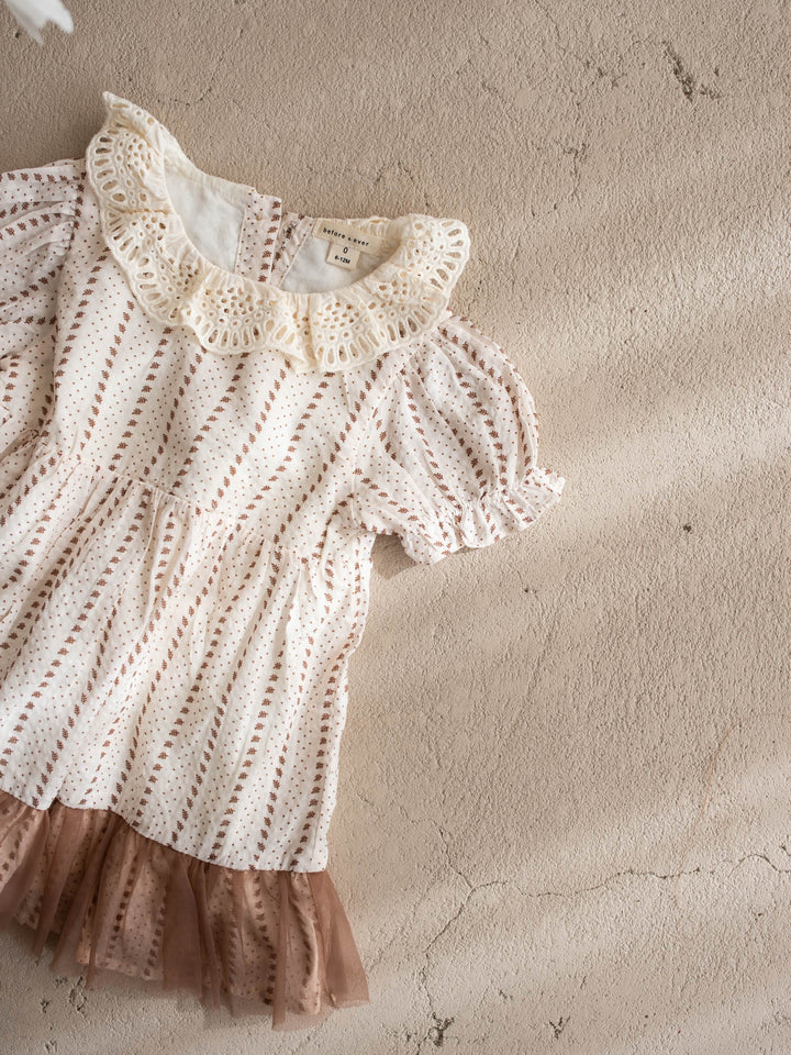 Dainty Miss Coco Belle baby girl ivory floral cotton dress with tulle-trimmed hem and eyelet lace collar - Before & Ever Kids