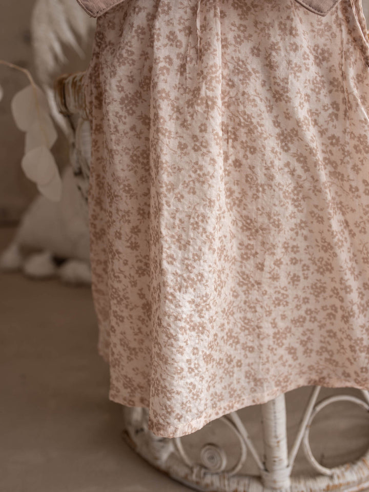 Dainty Miss Hazel Fawn baby girl tan floral cotton dress with oversized embroidered bow collar - Before & Ever Kids