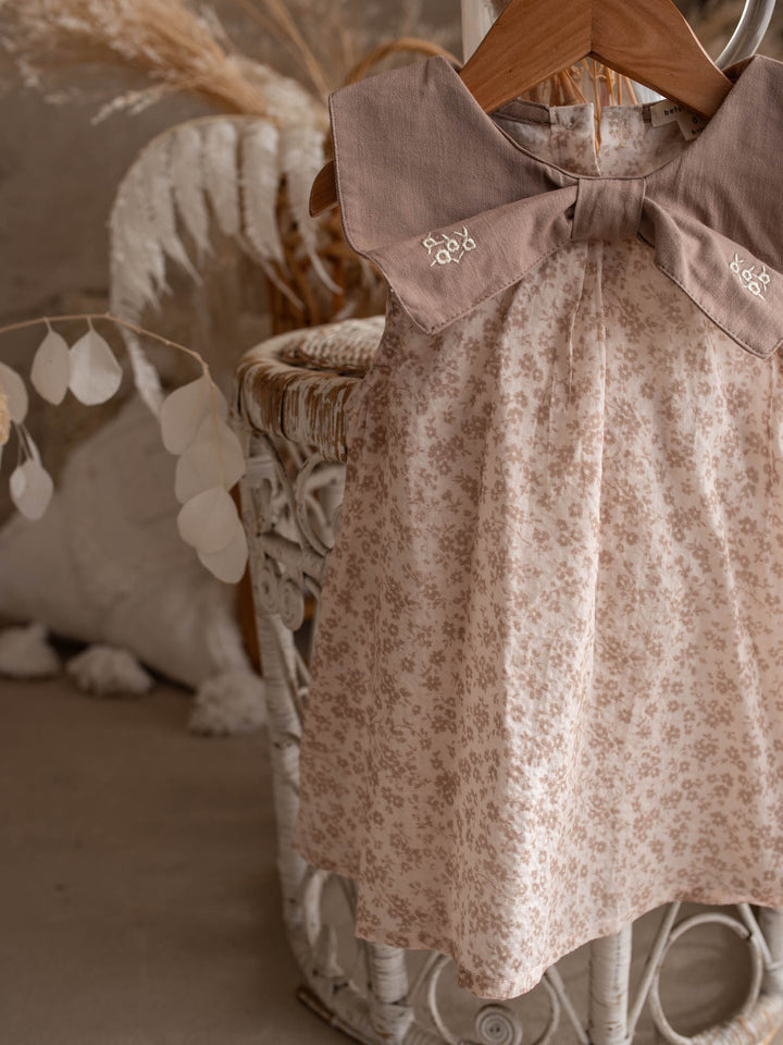 Dainty Miss Hazel Fawn baby girl tan floral cotton dress with oversized embroidered bow collar - Before & Ever Kids