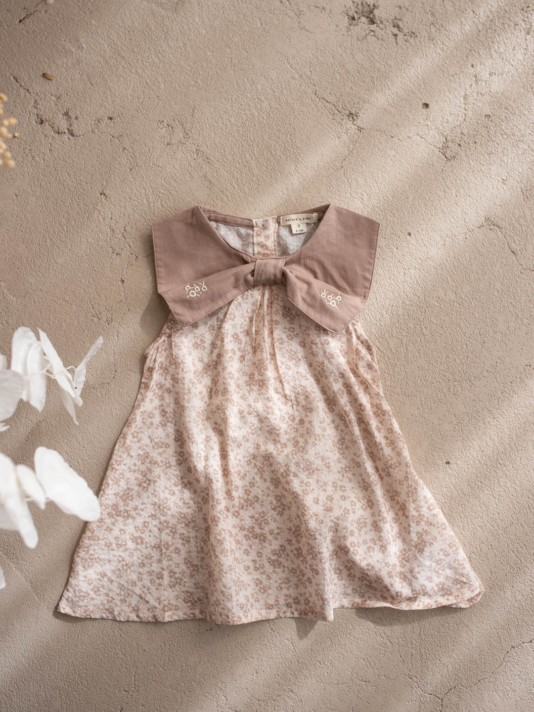 Dainty Miss Hazel Fawn baby girl tan floral cotton dress with oversized embroidered bow collar - Before & Ever Kids