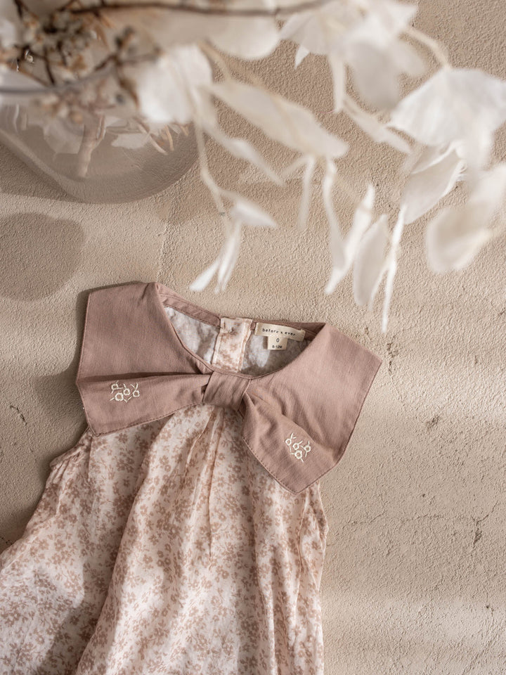 Dainty Miss Hazel Fawn baby girl tan floral cotton dress with oversized embroidered bow collar - Before & Ever Kids