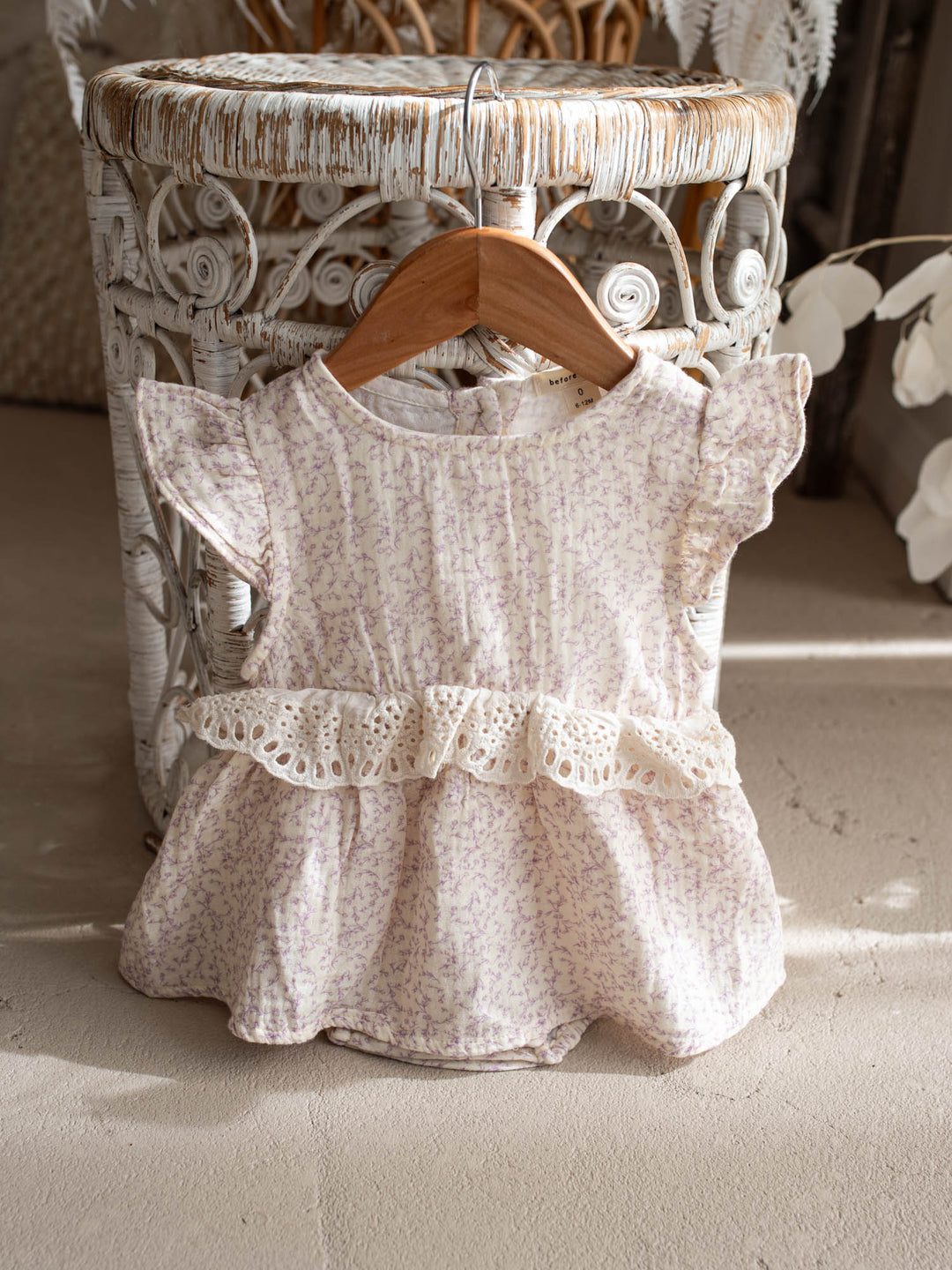 Dainty Miss Lavender Mae baby girl lavender floral cotton gauze romper with eyelet lace ruffle and flutter sleeves - Before & Ever Kids