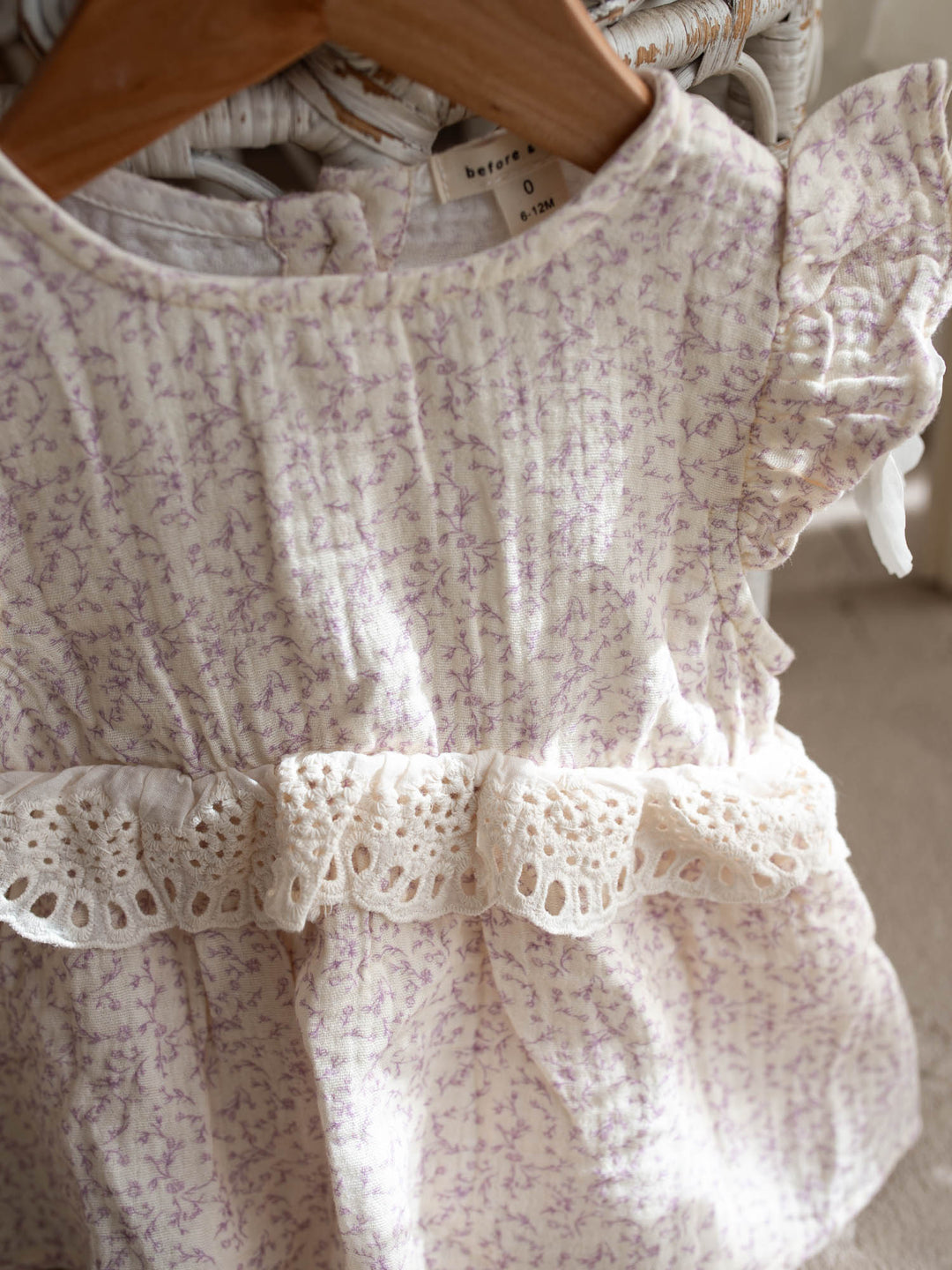 Dainty Miss Lavender Mae baby girl lavender floral cotton gauze romper with eyelet lace ruffle and flutter sleeves - Before & Ever Kids