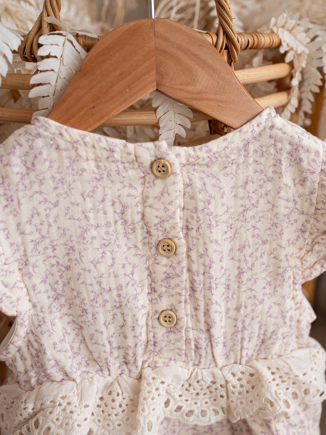 Dainty Miss Lavender Mae baby girl lavender floral cotton gauze romper with eyelet lace ruffle and flutter sleeves - Before & Ever Kids