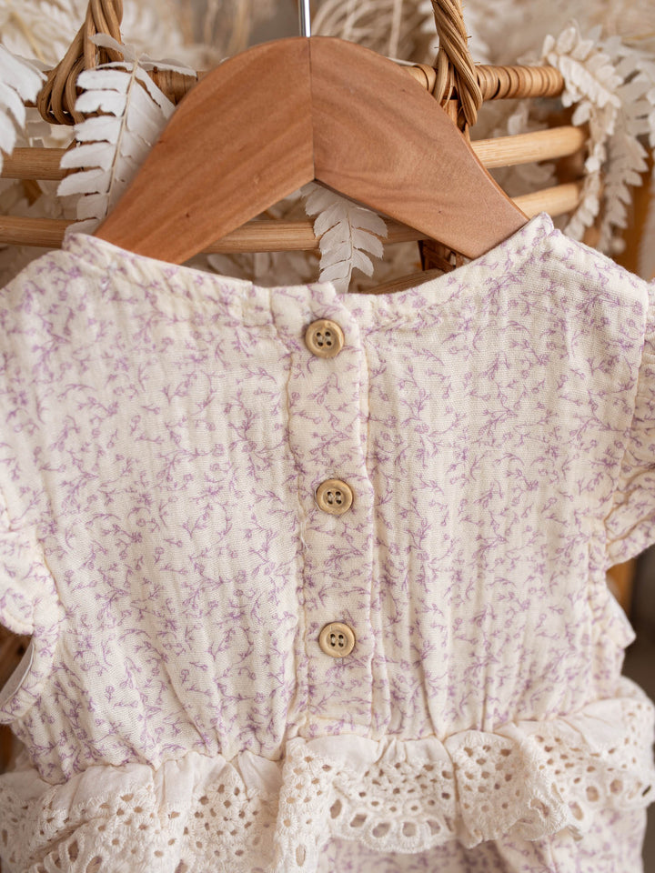 Dainty Miss Lavender Mae baby girl lavender floral cotton gauze romper with eyelet lace ruffle and flutter sleeves - Before & Ever Kids
